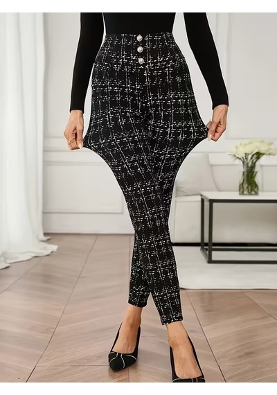 Bhrwear Kadın Yüksek Bel Önü Düğmeli Desenli Dalgıç Tayt Renkli