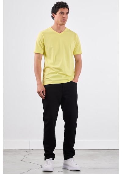 Dufy Sarı V Yaka Pamuklu Düz Renk Slim Fit Erkek T-shirt Sarı