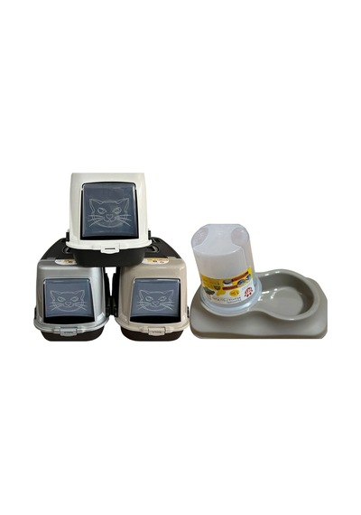 2 Li Set Xxl Kapalı Kedi Tuvaleti Kürek Ve 1.5 Litre Mama Ve Su Kabı