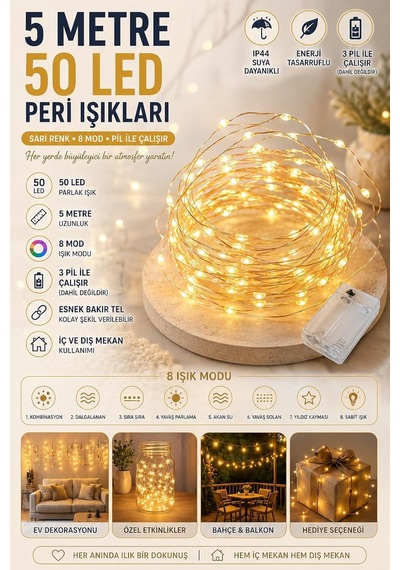 5 Metre Gün Işığı Peri Led Tel 3 Pilli Fonksiyonlu Süsleme İnce Telli Aydınlatmalı Şerit Led Yılbaşı Işık Diğer