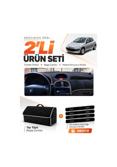 Peugeot 206 Büyük Ekranlı 1998-2009 Uyumlu Torpido Örtüsü + Tay Tüyü Çanta Seti - Siyah Gri