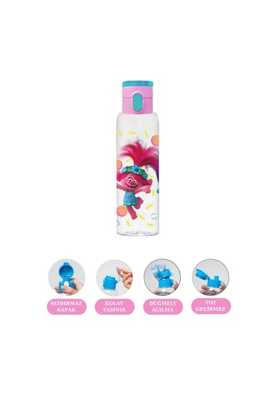 Flosoft Lisanslı Trolls Matara, Trolls Desenli Düğmeli Okul Suluğu, Sızdırmaz Öğrenci Suluk 500Ml