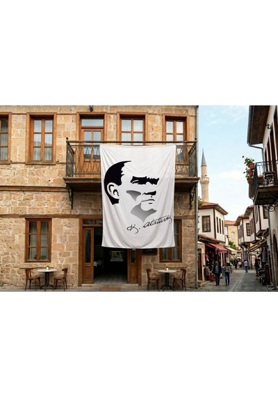 Siyah - Beyaz Mustafa Kemal Atatürk Silüeti Ve İmza Poster Bayrak Premium Raşel Kumaş 300x450cm Ata27 Diğer