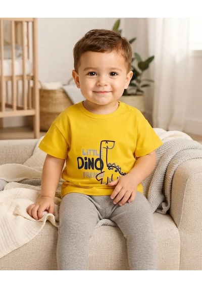 Tuffy Erkek Bebek Sarı Süprem Dinozor Baskılı Kısa Kollu Tişört