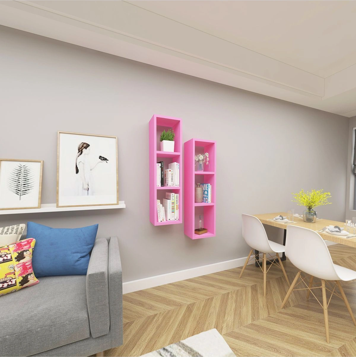 Kitaplık Salon Duvar Rafı Çapraz Ikili Mobilya Takım Pembe Pembe