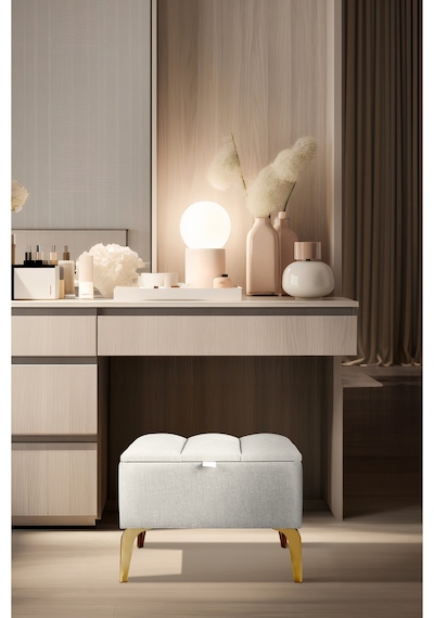 Vetra Mini Royal Beyaz Kumaş Sandıklı Dekoratif Puf&bench-dilimli Model-gold Ayak-modern Puf