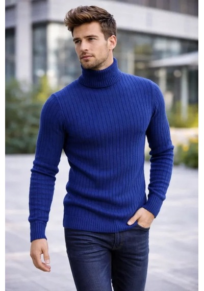Efnaz Style Erkek Balıkcı Yaka Bağazlı Triko Kazak Pamuklu Kalın Fitilli Dokuma, Regular Fit Uzun Kollu Kışlık Model - İndigo Indigo