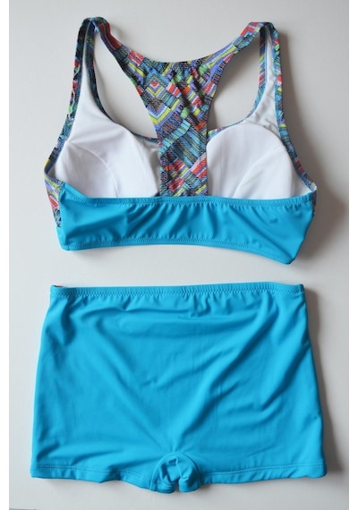 Beria Kadın Desenli Bralet Toparlayıcı Şortlu Açık Mavi Bikini Ta Açık Mavi