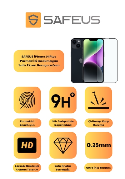 Safeus Tam Kaplayan Parmak İzi Bırakmayan Safir Ekran Koruyucu Cam , Apple Uyumlu iPhone 14 Plus İle