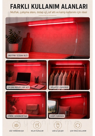 Kırmızı Usb Led Bar 100 Cm Yapışkanlı Anahtarlı Dolap Tezgah Raf Dekoratif Aydınlatma