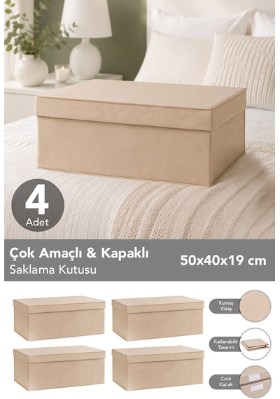 4'lü Organizer Baza Hurç Seti - Çok Amaçlı Kapaklı Saklama Kutusu 50x40x19cm Bej