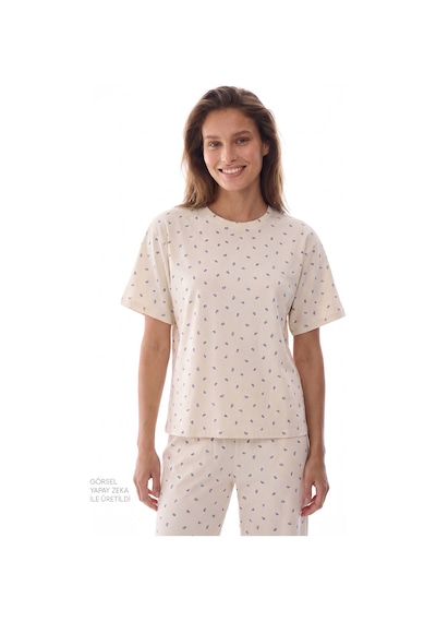 Penti Gardenya Hallie Şal Desenli Kısa Kollu Pantolon Pijama Takımı Ekru