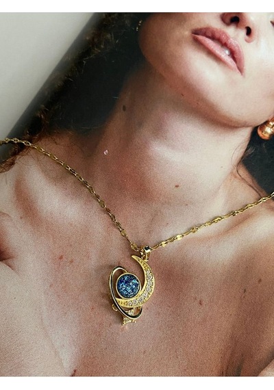 Pinery Jewels Zirkon Taşlı Ay Yıldız Kararmaz Çelik Kadın Gold Kolye Altın