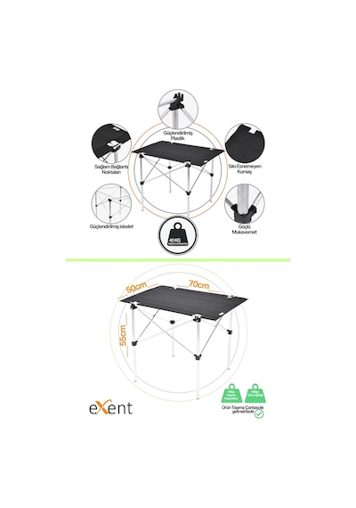 Exent 50x70 Cm Kamp Masası Katlanabilir Masa, Piknik Masası, Siyah Taşıma Çantalı-mavı Çok Renkli