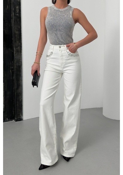 Lacarino 7984 Wide Leg Kadın Jean Pantolon Beyaz Taşlı