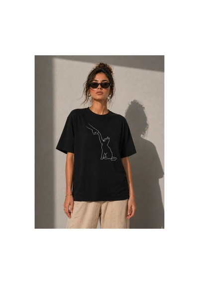 Butik İstanbul Minimal Kedi Çizim Baskılı Tişört Kısa Kol Yazlık T-shirt - Siyah
