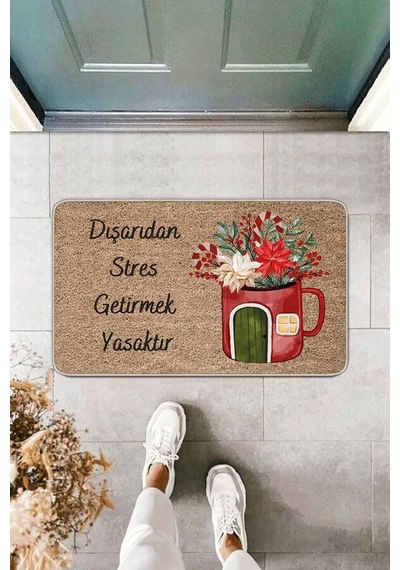 Bej Çiçekli Stres Getirmek Yasaktır Kapı Önü Paspası Kp13n11