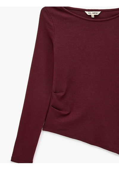 Koton Pamuklu Asimetrik Kayık Yaka Kolsuz Slim Fit Uzun Kollu Tişört Bordo 7wal10143ık