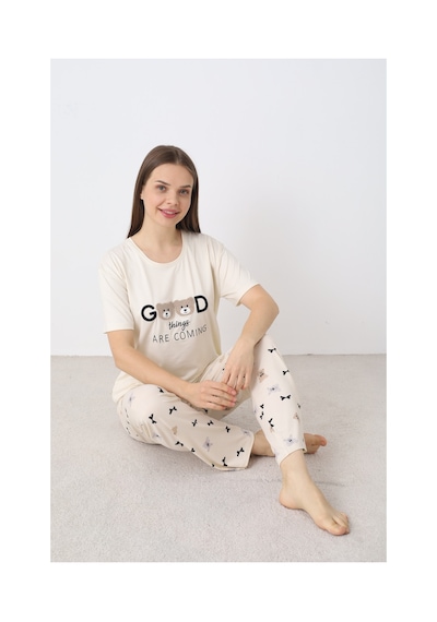 Elitol Nakışlı Milan Örme Kısa Kol Kadın Pijama Takımı Desenli-9