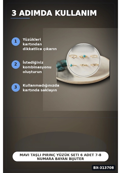 Mavi Taşlı Pirinç Yüzük Seti 6 Adet 7-8 Numara Bayan Bijuteri Takı Hediyelik Bx-313708 Çok Renkli