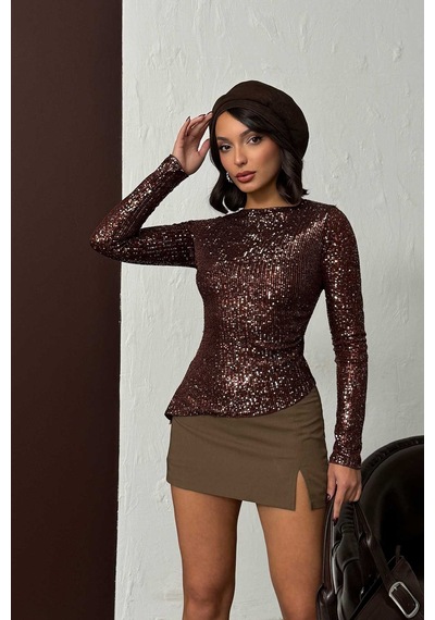 Verymoda Parlak Payetli Uzun Kollu Bluz - F2060 Koyu Kahve