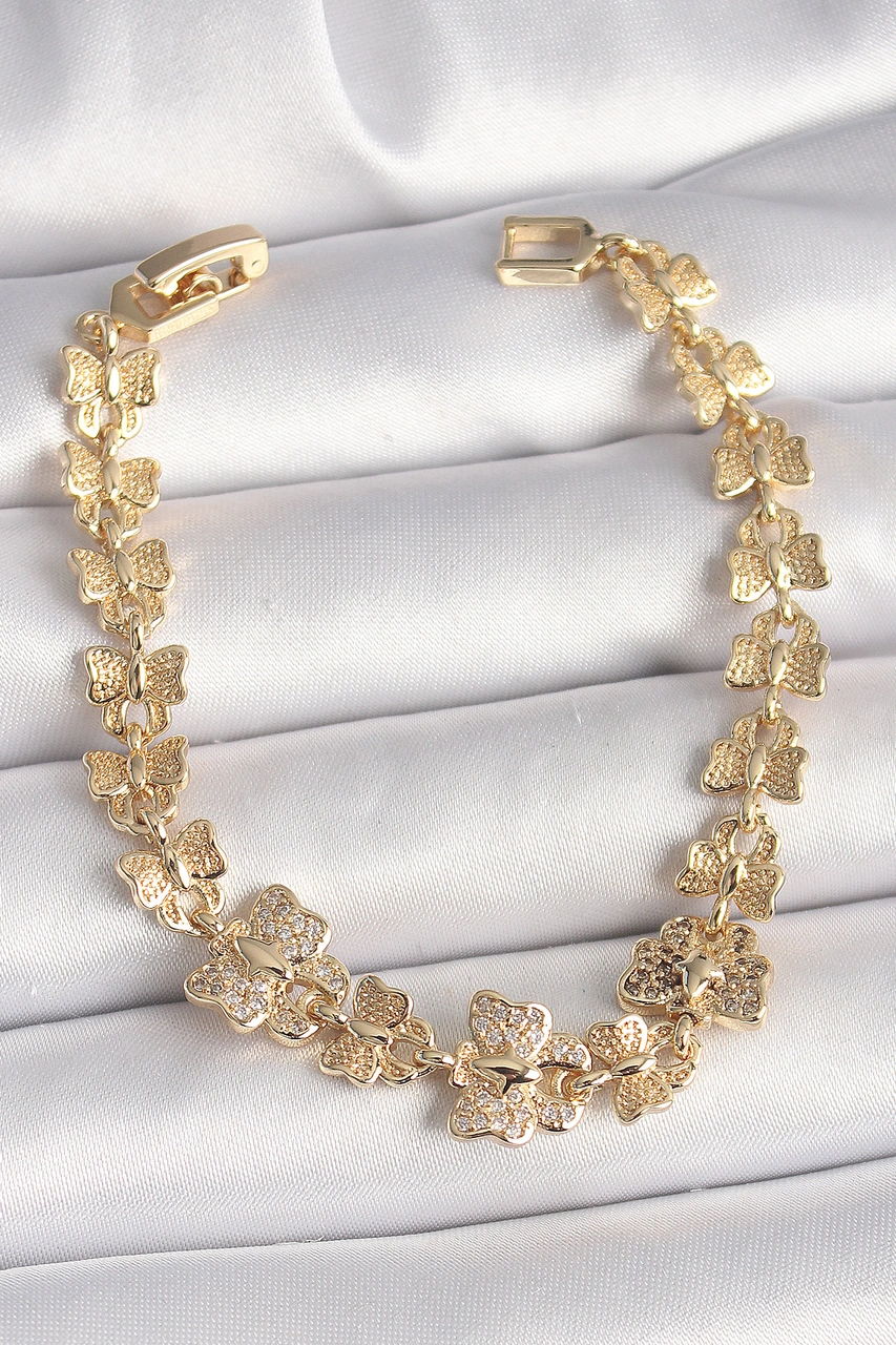 Pirinç Gold Renk Zirkon Taşlı Kelebek Model Zincir Kadın Bileklik Diğer