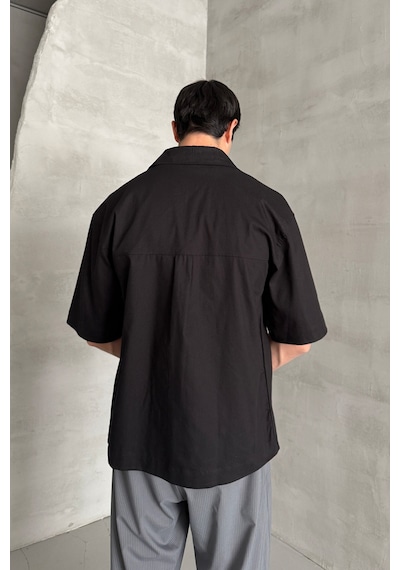 Erkek Oversize Kısa Kol Gabardin Gömlek Siyah