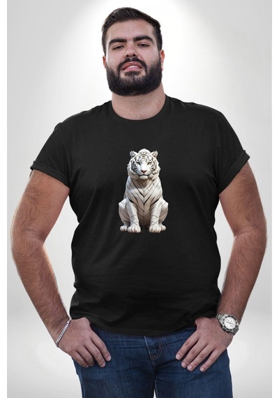 Angemiel Beyaz Kaplan Siyah Büyük Beden Erkek Kadın Unisex Basic Ön Baskılı Tişört Siyah