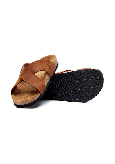 Comfortfusse Cross - Erkek Ortopedik Hakiki Deri Çift Bantlı Terlik Kahverengi Yağlı Deri