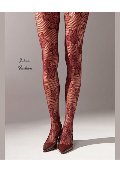 Intive Fashion Jane Büyük Çiçek Desenli File Modern Külotlu Çorap Bordo-siyah Bordo