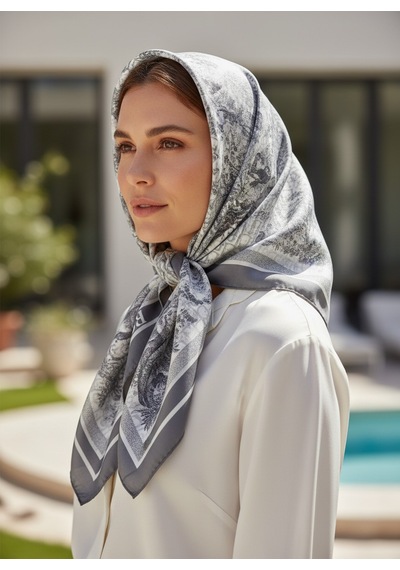 Miorel Scarfs Safari Tema Çift Taraflı Vual İpek Eşarp Silk Scarf Hijab Aksesuar Fular Cd Desen Gri