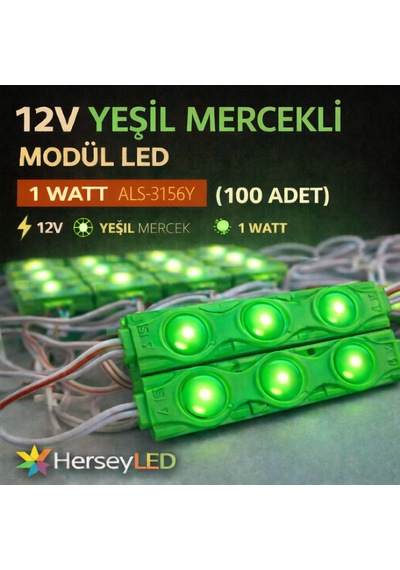 12v Yeşil 1 Watt Mercekli Modül Led 100 Adet Canlı Ve Odaklı Işık Yeşil