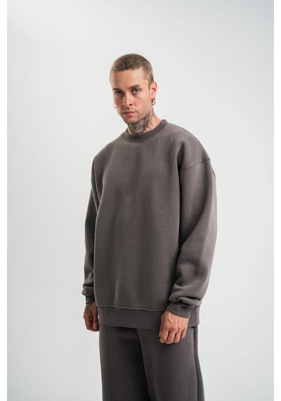 Erkek Uzun Kol Bisiklet Yaka 3 İplik Pamuklu Kışlık Sweatshirt - Füme