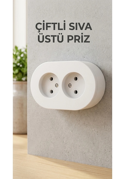 İkili Beyaz Topraklı Priz Modern Sıva Üstü Tasarım Duvar Elektrik Prizi