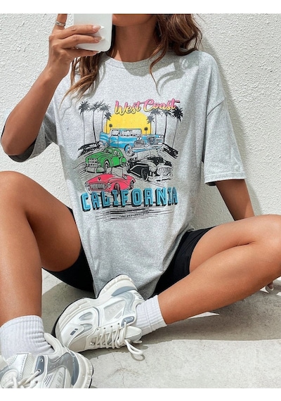 California Arabalar T-shirt - Gri Baskılı Oversize Bisiklet Yaka Kısa Kol Tişört Gri