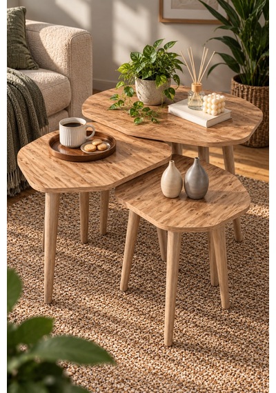 Sulorahome 3'lü Geometrik Zigon Sehpa Seti Kahverengi Atlantik Çam Desenli