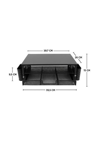 Tr Siyah Ahşap Üst Tablalı Metal Mesh Monitör Yükseltici Stand Çekmeceli Kalemlikli Masaüstü Organizer 9214