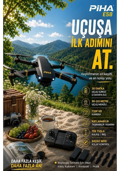 Piha E58 DRONE Yeni Fırçasız Motor 2 Batarya İle 30 DK Uçuş Süresi Hd 720p Çift Kameralı Taşıma Çantalı