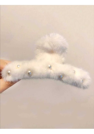 Büyük Boy İnci Peluş Mandal Toka 12 Cm Beyaz