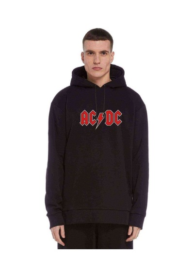 Acdc Logo Baskılı Siyah Erkek Örme Kapşonlu Sweatshirt