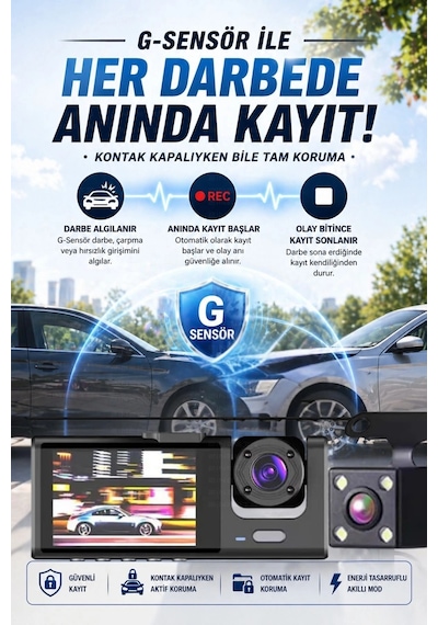 Wifi 1080p 3 Kameralı Araç İçi Kamera Lcd Ekranlı Gece Görüşlü G Sensörlü Geniş Açılı