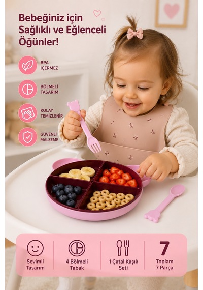 7 Parça Tepsili Yemek Seti Mama Tabağı Pembe 6015