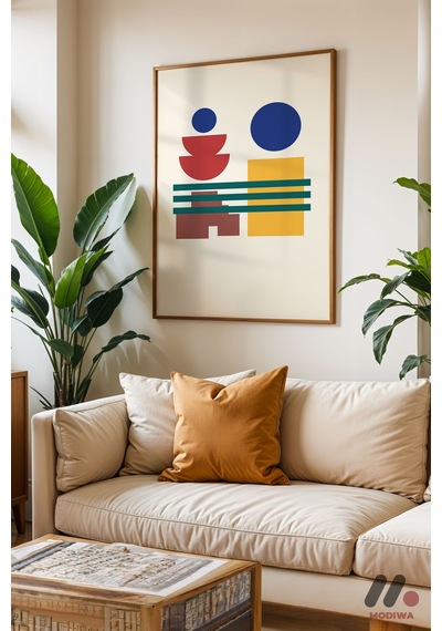 Bauhaus Geometrik Denge, Ahşap Çerçeveli Duvar Tablosu - Modern Ev Dekorasyonu