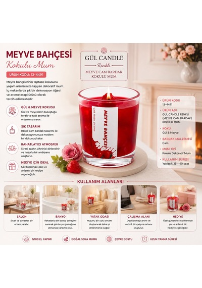 Gül Mum Candle Çilek Kokulu Mum - Cam Bardaklı Meyve Kokulu- 12'li Paket Diğer