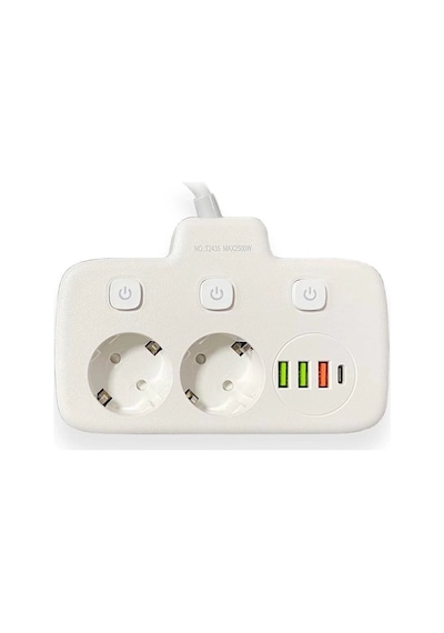 Akım Korumalı 2 Li Ayrı Anahtarlı Priz, 2x Priz, 3x Usb, 1x Type-c, 2 Mt Kablo, Hızlı Şarj 0-2