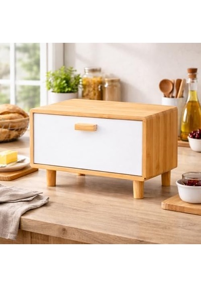 Bambu Ekmeklik Dolabı Beyaz Kapaklı Tezgah Üstü Ekmek Saklama Kutusu, Doğal Bambu, Modern Mutfak Düzenleyici Açık Gri