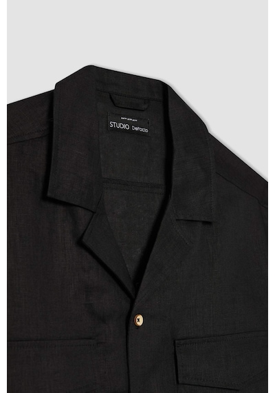 DeFacto %100 Keten Relax Fit Polo Yaka Yazlık Basic Düz Kısa Kollu Gömlek B6687AX24SPBK27