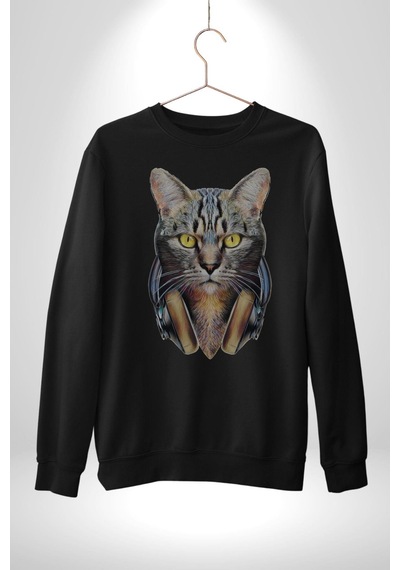 Kulaklık Kedi Unisex Siyah Baskılı Sweatshirt Siyah
