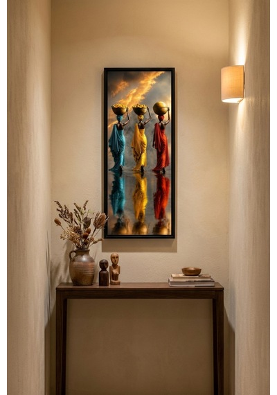 Sepet Taşıyan Afrikalı Kadınlar Çerçeveli Dekoratif Tablo 25x60 Cm Dikey Duvar Tablosu Salon Yatak Odası Ofis Dekoru