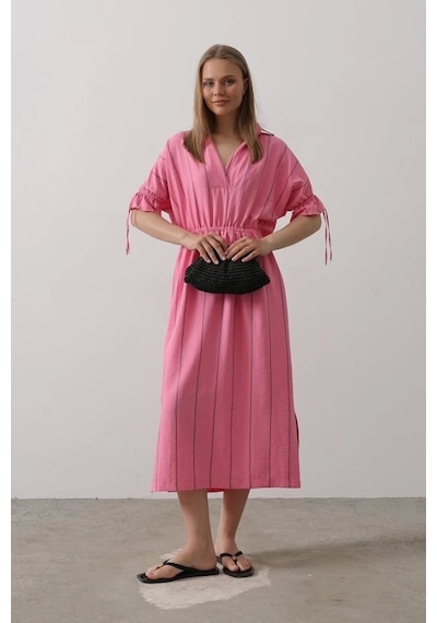 Defymoda Beli Lastikli Elbise - Pembe Pembe